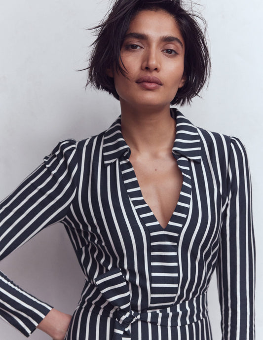 Imogen Collared Jersey Dress-French Navy and Ivory Stripe
