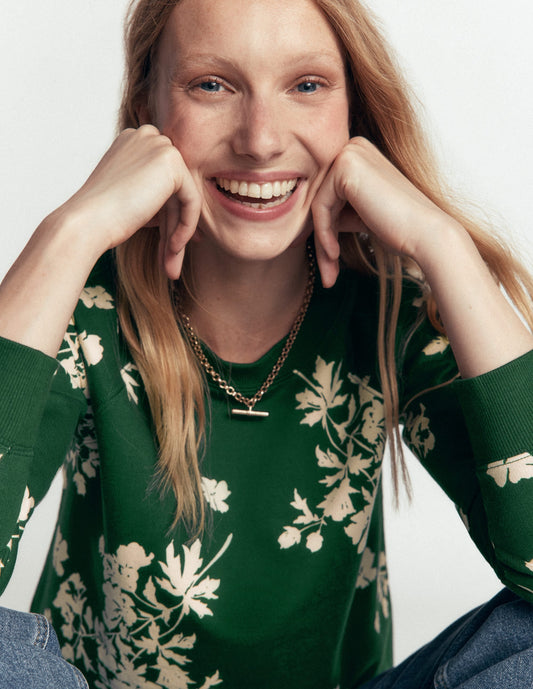 Rosa Printed Sweatshirt-Hunter Green, Flecked Bunch