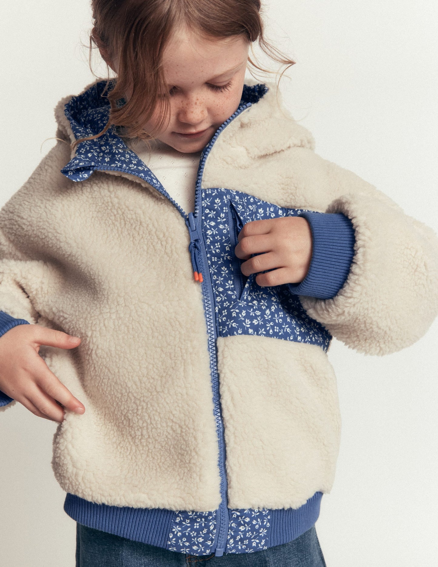 Reversible Borg Hooded Bomber-Bluejay Ditsy Floral
