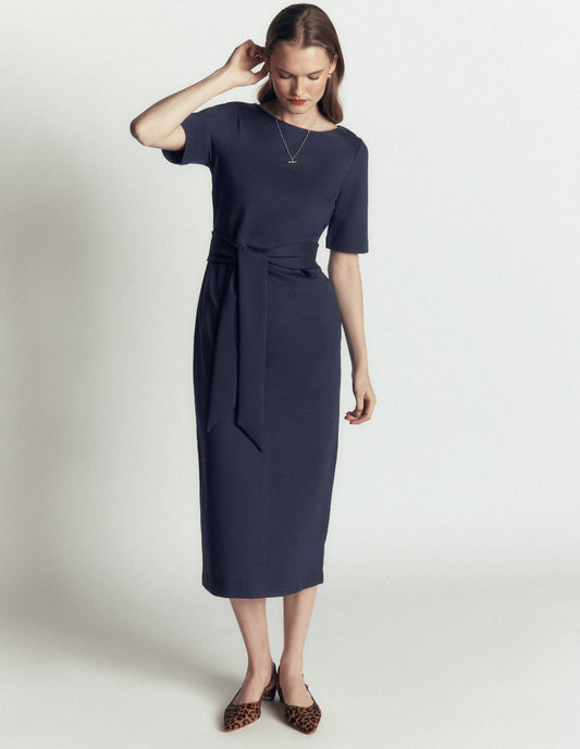 Belted Ponte Midi Dress-Navy