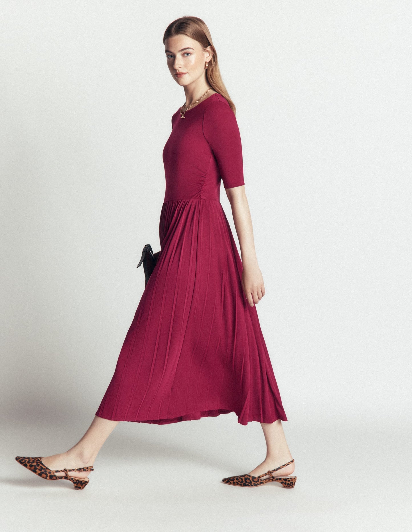 Pleated Jersey Midi Dress-Beetroot Red