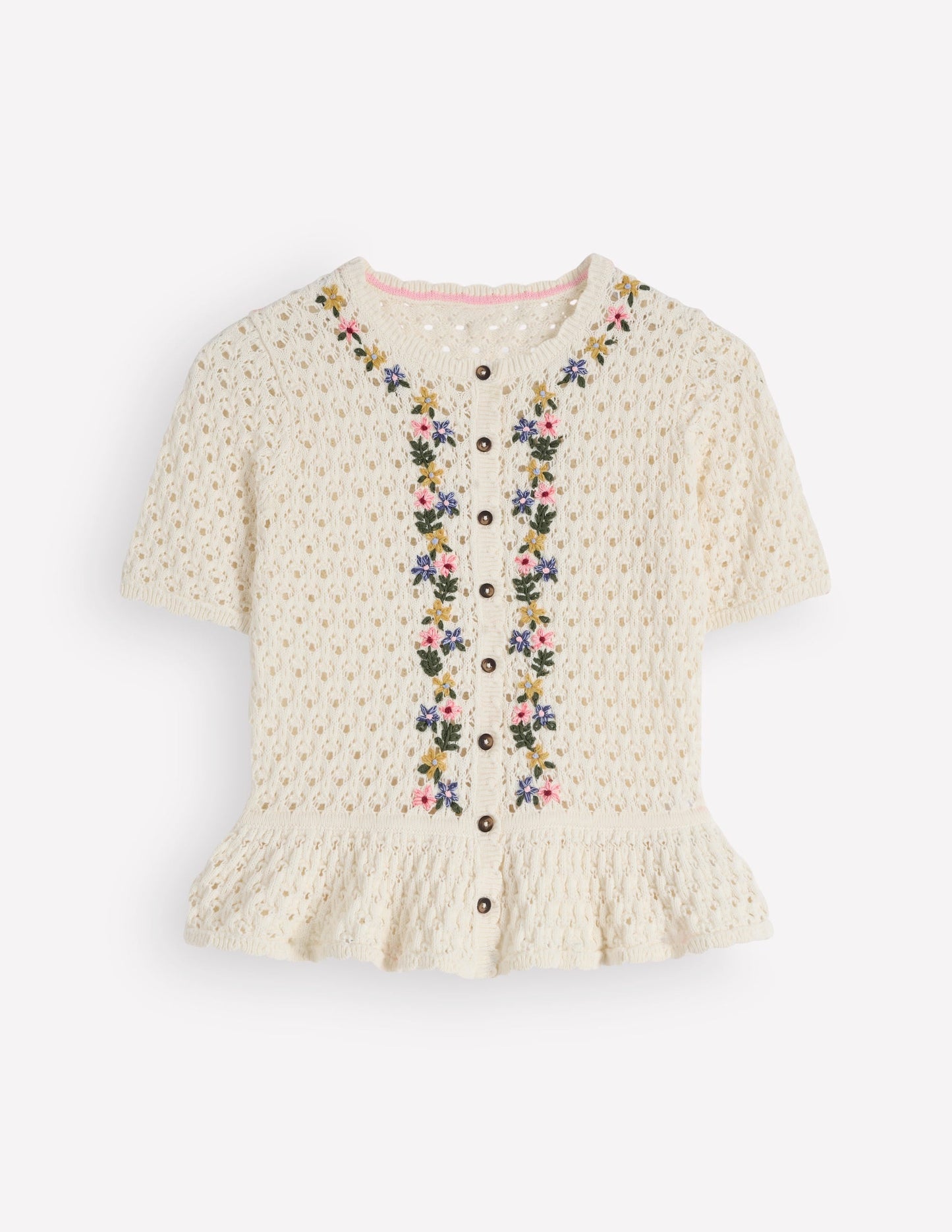Embroidered Pointelle Cardigan-Ivory Embroidered
