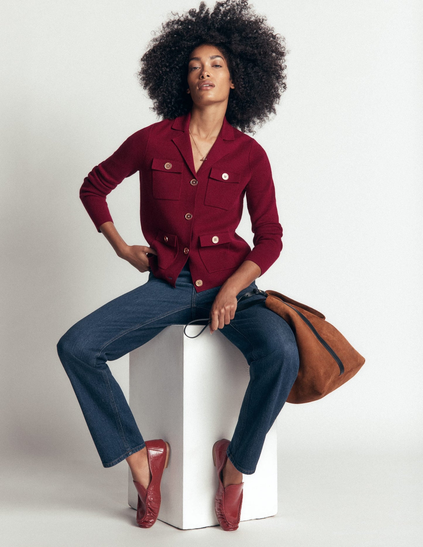 Phoebe Collared Knitted Jacket-Merlot