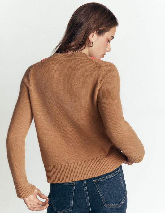 Ella Embroidered Knit Cardigan-Camel, Embroidery