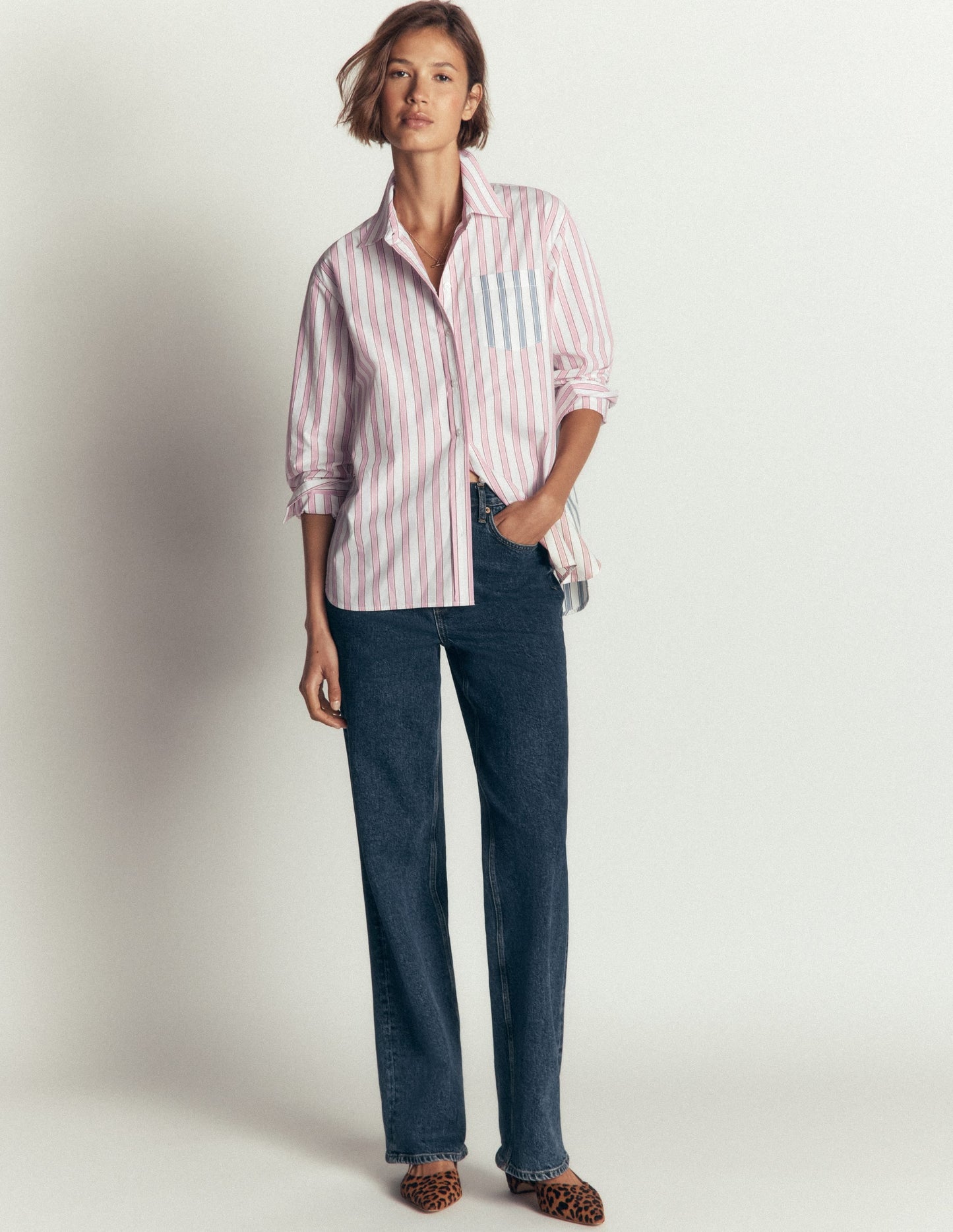 Sienna Relaxed Cotton Shirt-Pink and Blue, Hotched Stripe