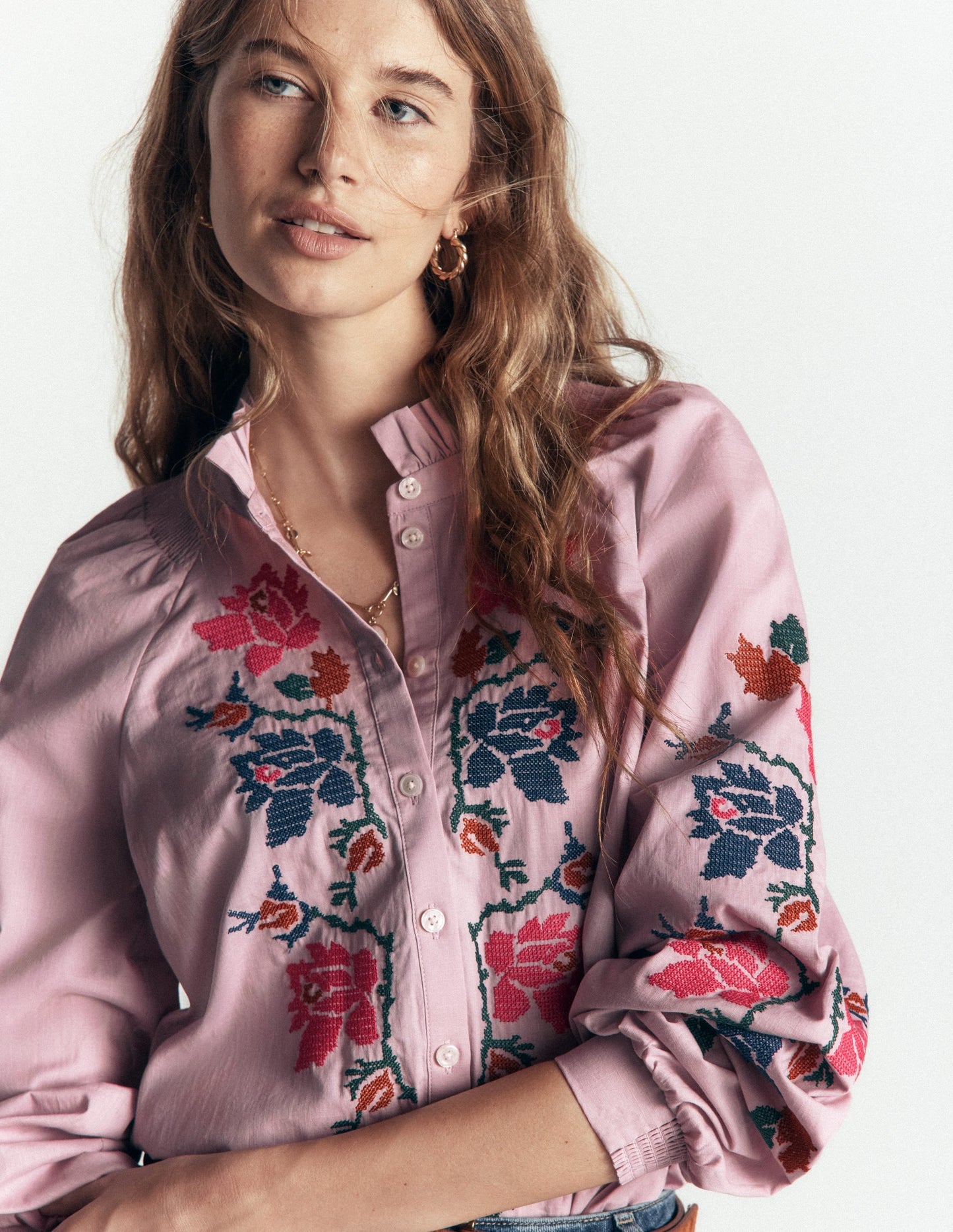 Erica Cotton Frill Top-Soft Pink, Embroidered Floral