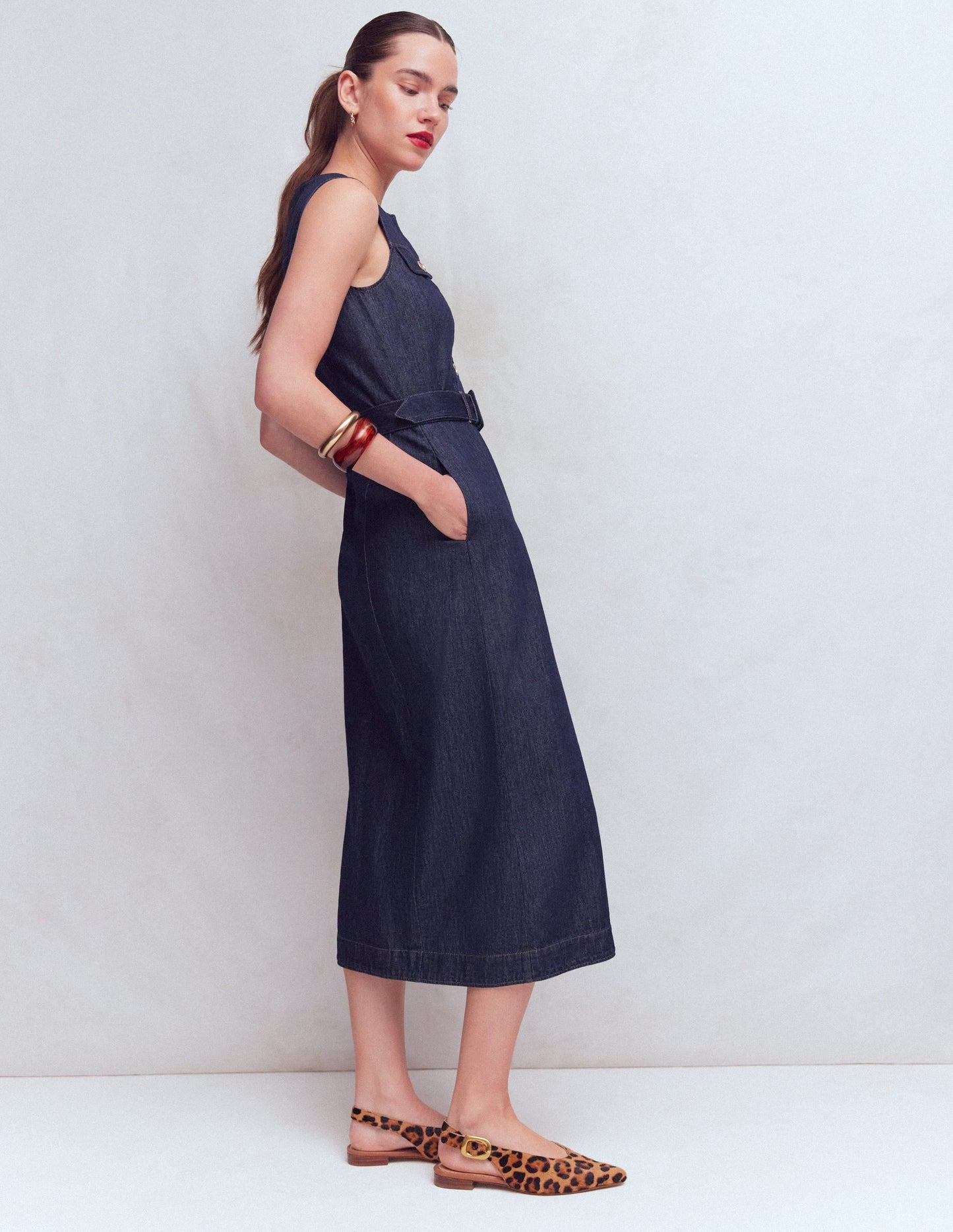 Gold Button Denim Midi Dress-Indigo