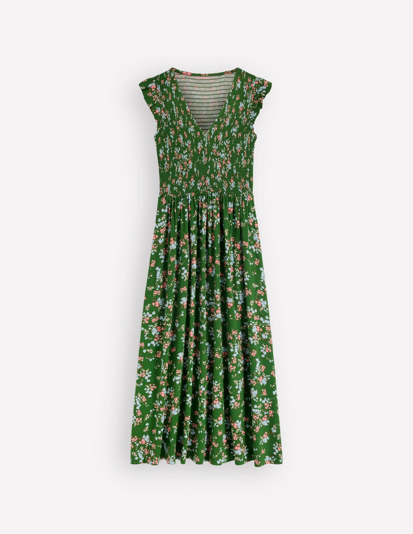 Smocked Jersey Midi Dress-Promenade Green, Bloom Scatter