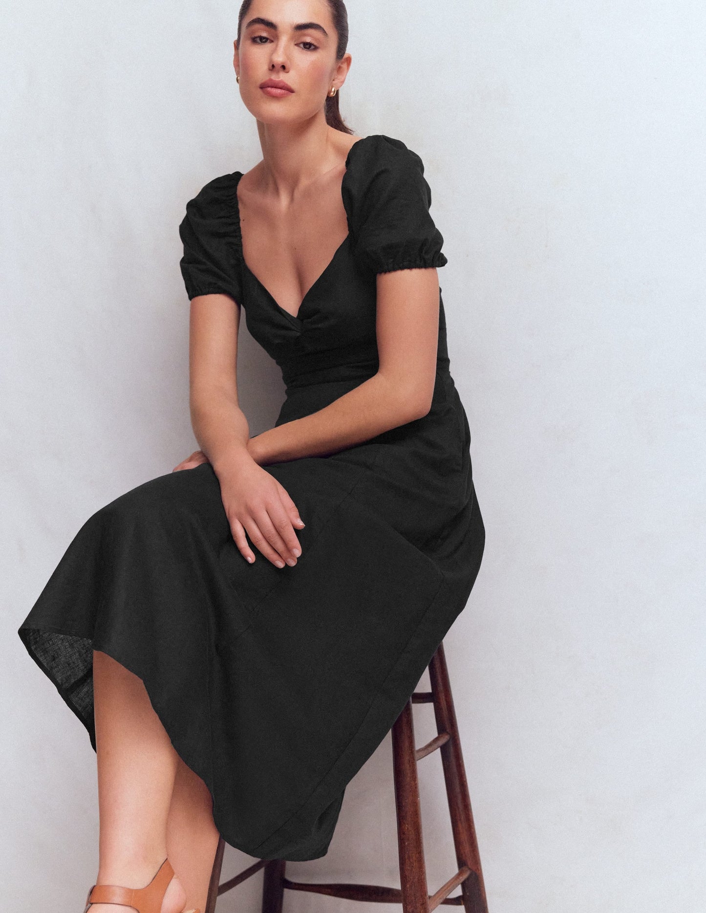 Twist Front Linen Blend Dress-Black