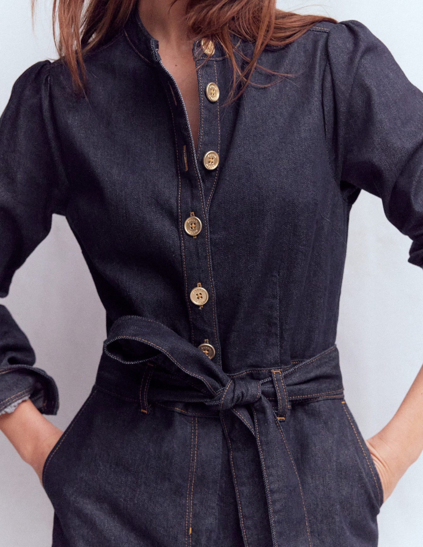 Bootcut Button Denim Jumpsuit-Indigo