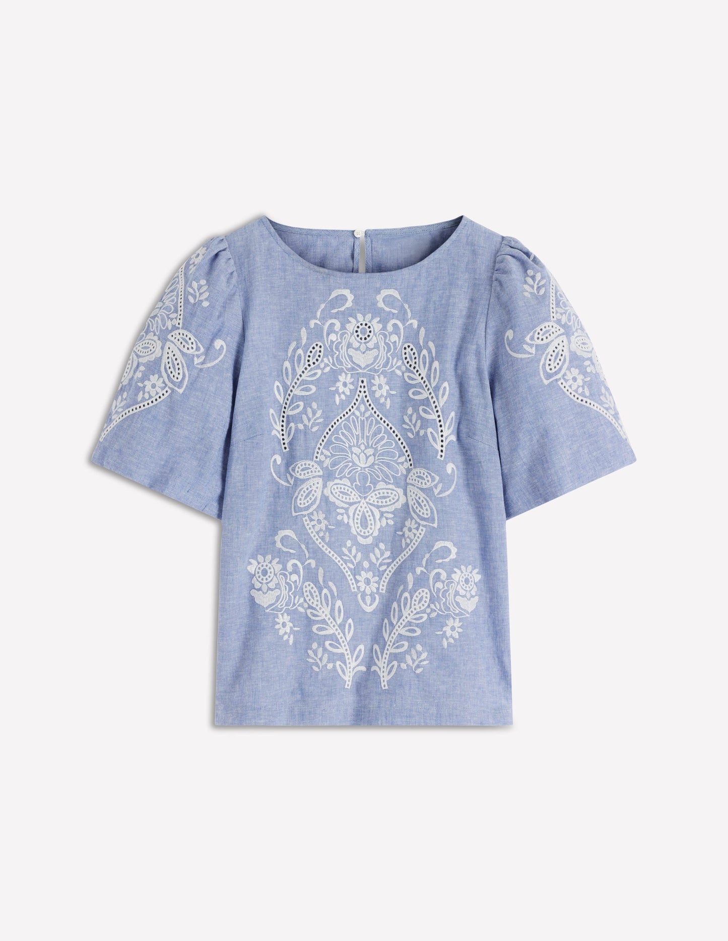 Linen Puff Sleeve Top-Chambray