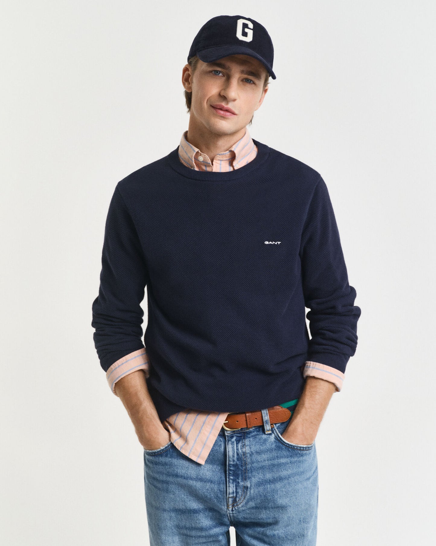 Pull en piqué de coton à col rond