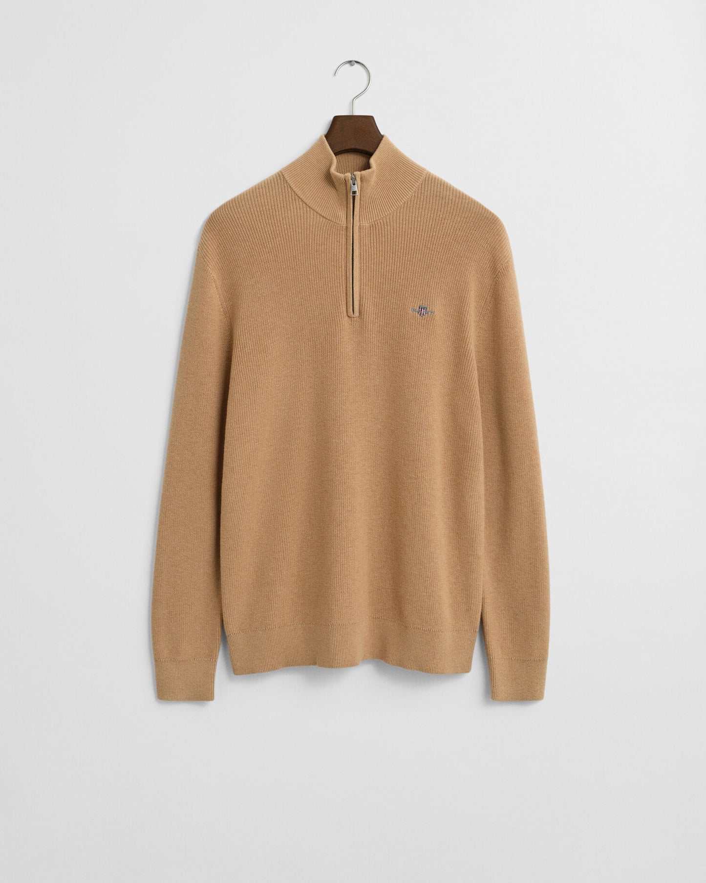 Pull demi-zippé en coton et laine mérinos côtelés