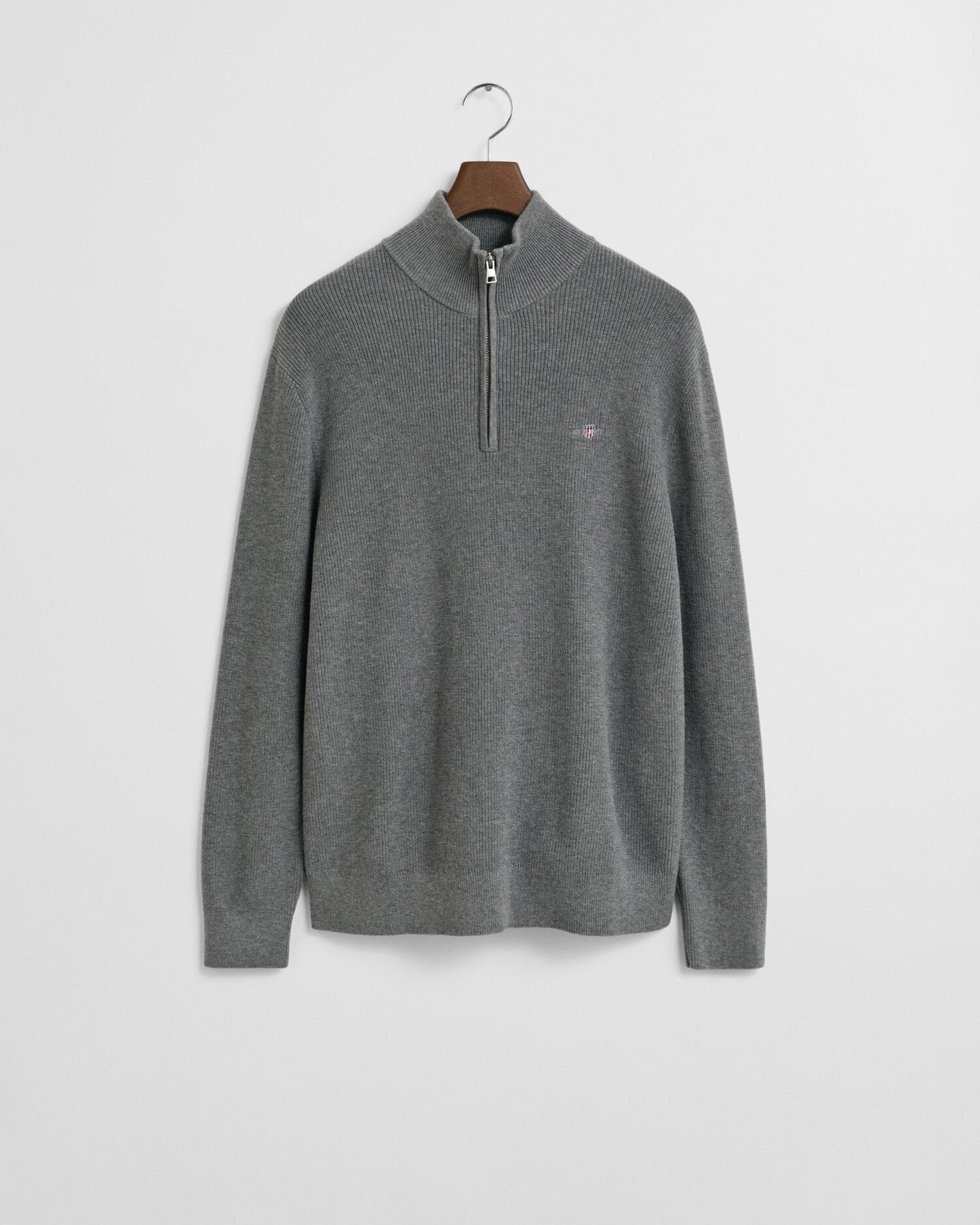 Gerippter Pullover aus Baumwolle und Merinowolle mit halbem Reißverschluss