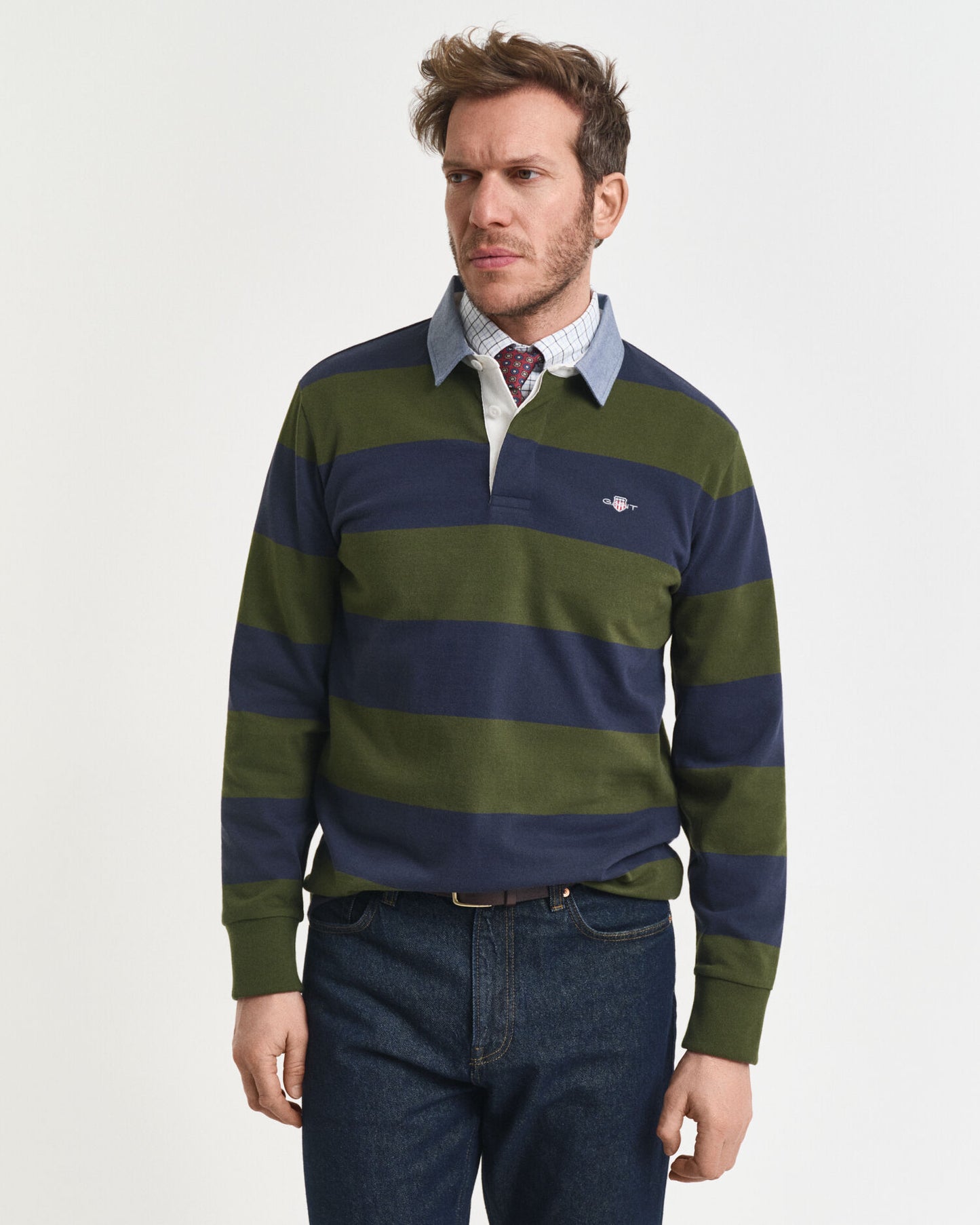Polo rayé épais à col chambray