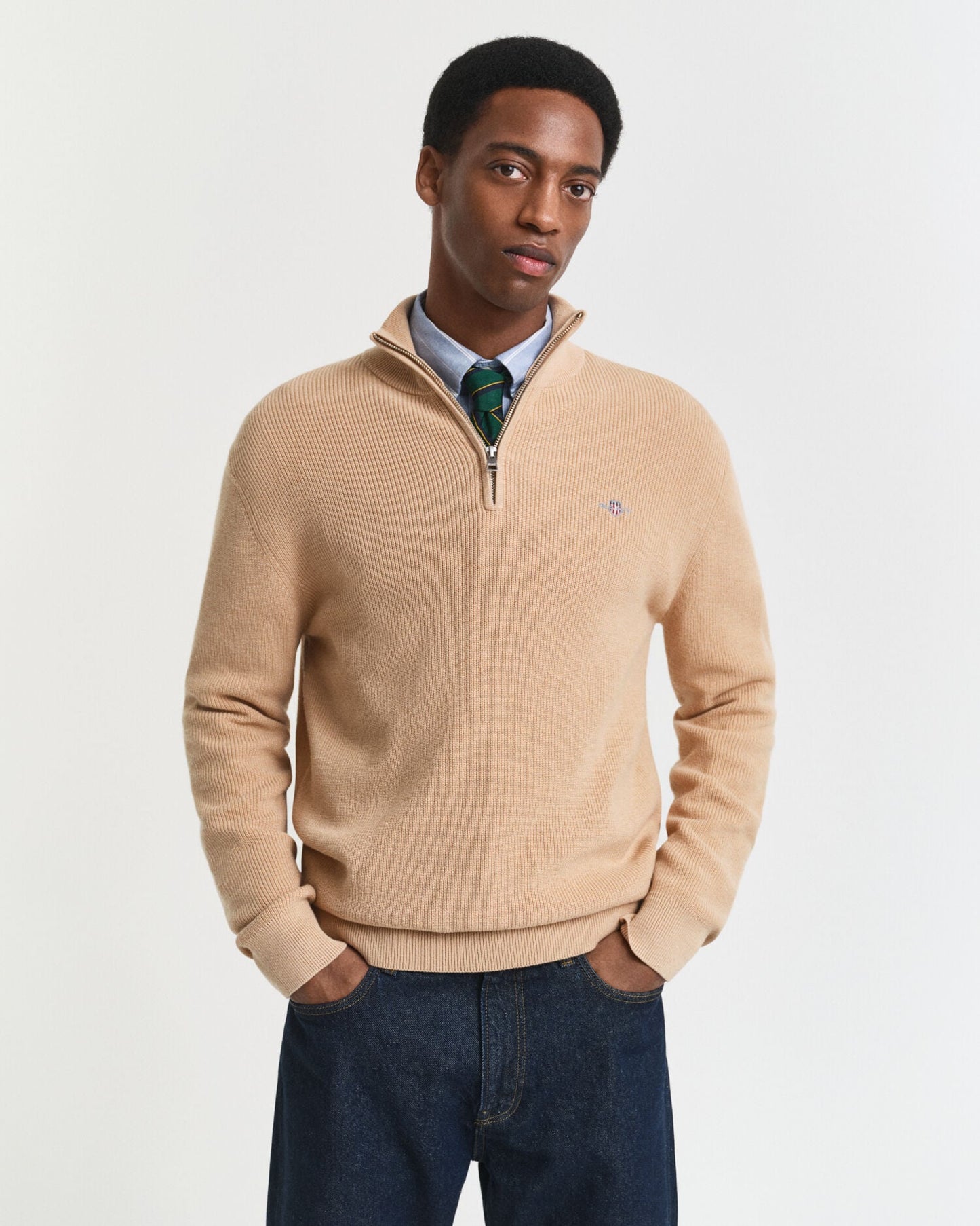 Pull demi-zippé en coton et laine mérinos côtelés
