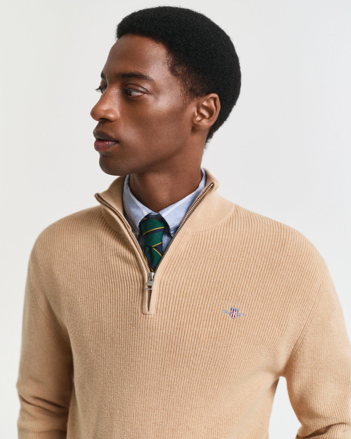 Pull demi-zippé en coton et laine mérinos côtelés