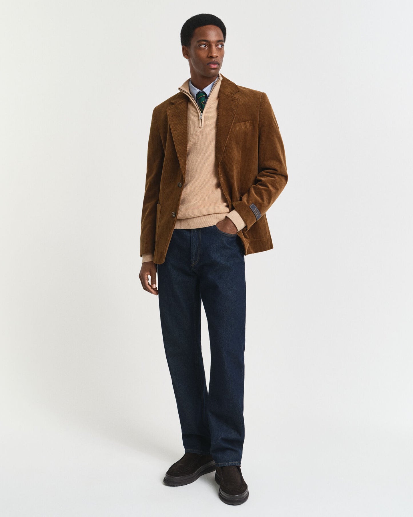 Pull demi-zippé en coton et laine mérinos côtelés