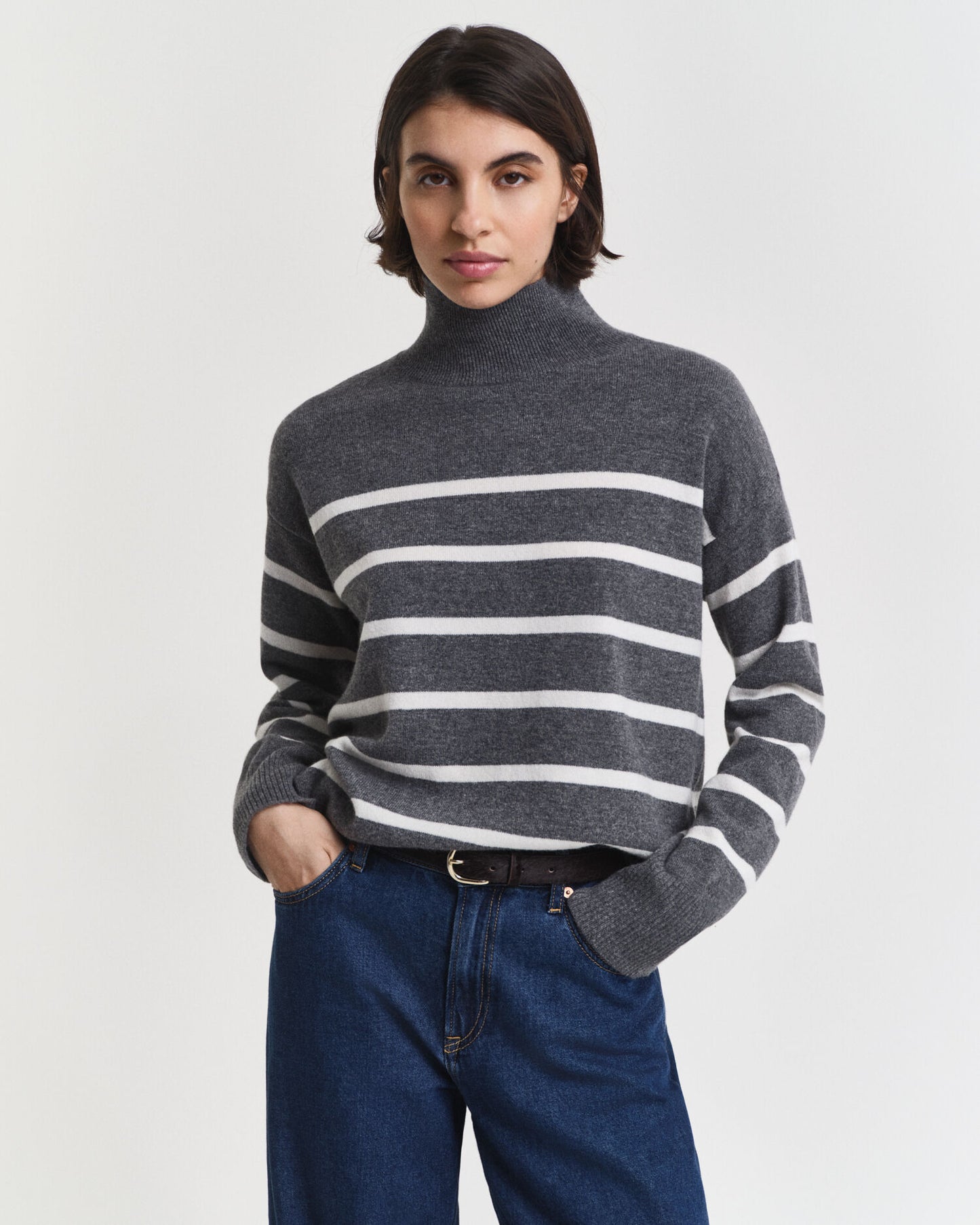 Gestreifter Feinst-Lammwoll-Rollkragenpullover