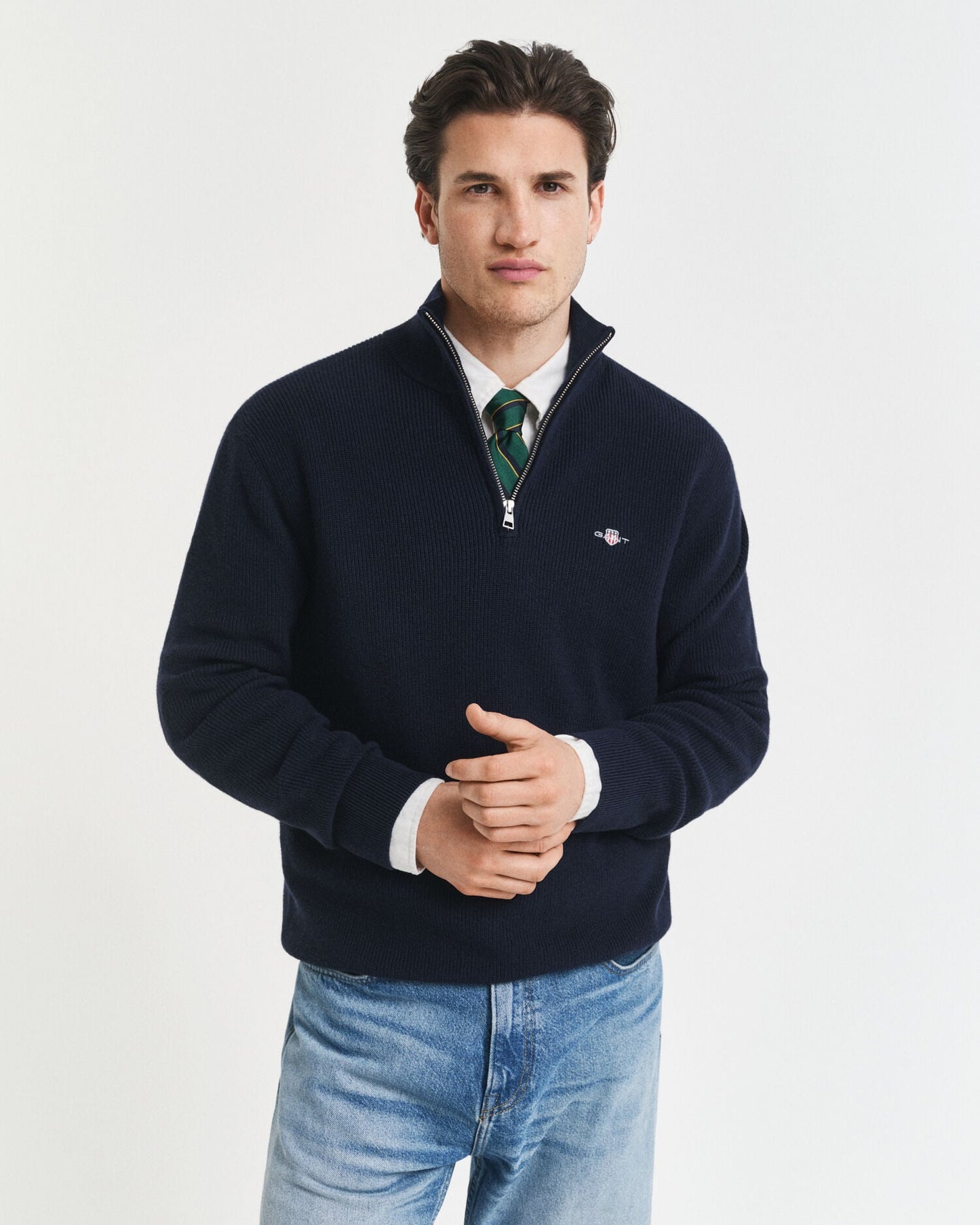 Pull demi-zippé en coton et laine mérinos côtelés