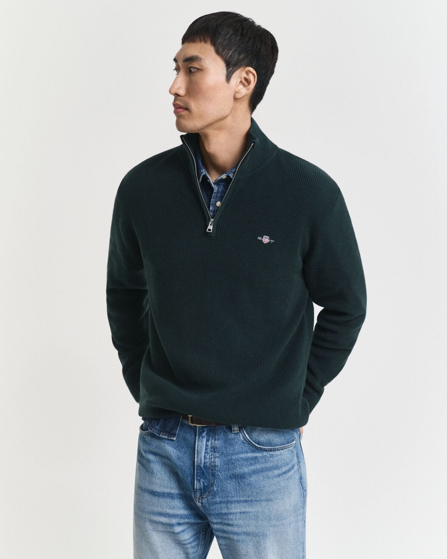 Pull demi-zippé en coton et laine mérinos côtelés