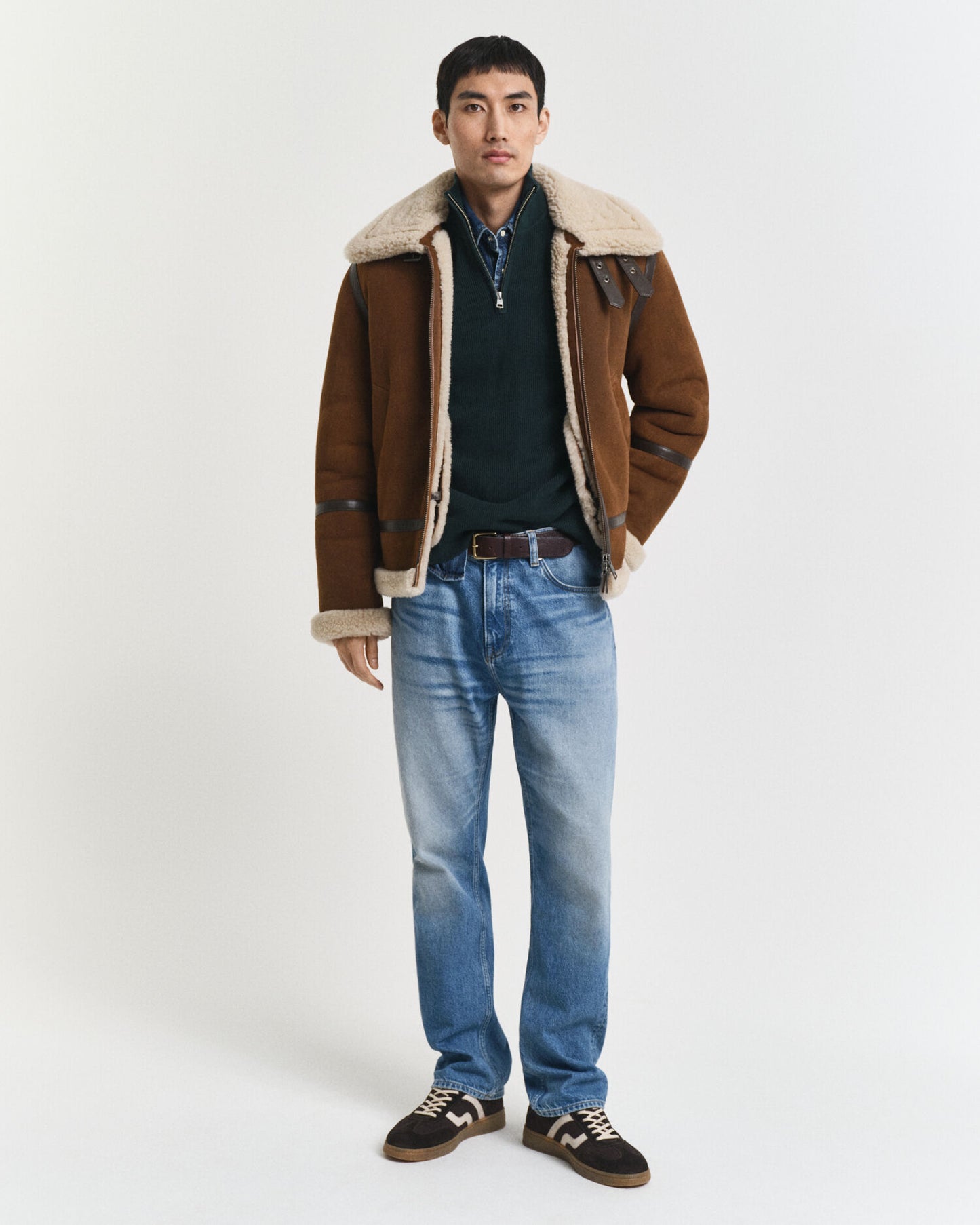 Pull demi-zippé en coton et laine mérinos côtelés