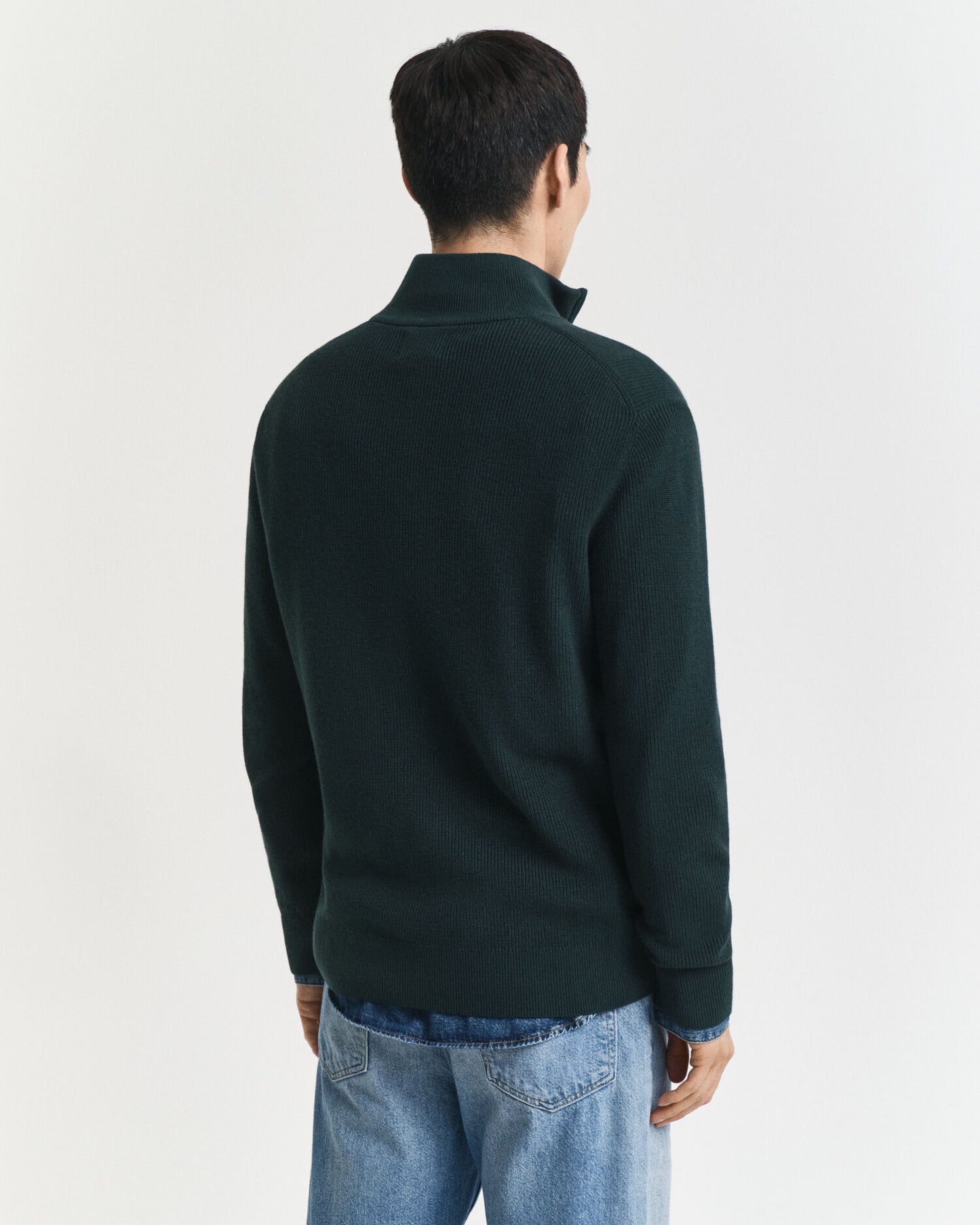 Pull demi-zippé en coton et laine mérinos côtelés