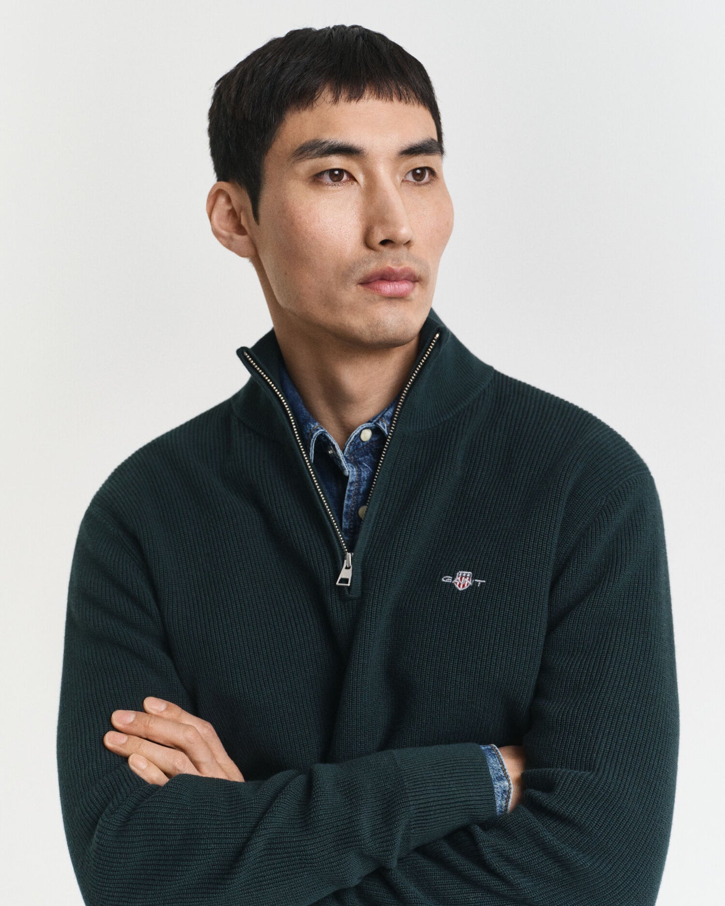 Pull demi-zippé en coton et laine mérinos côtelés
