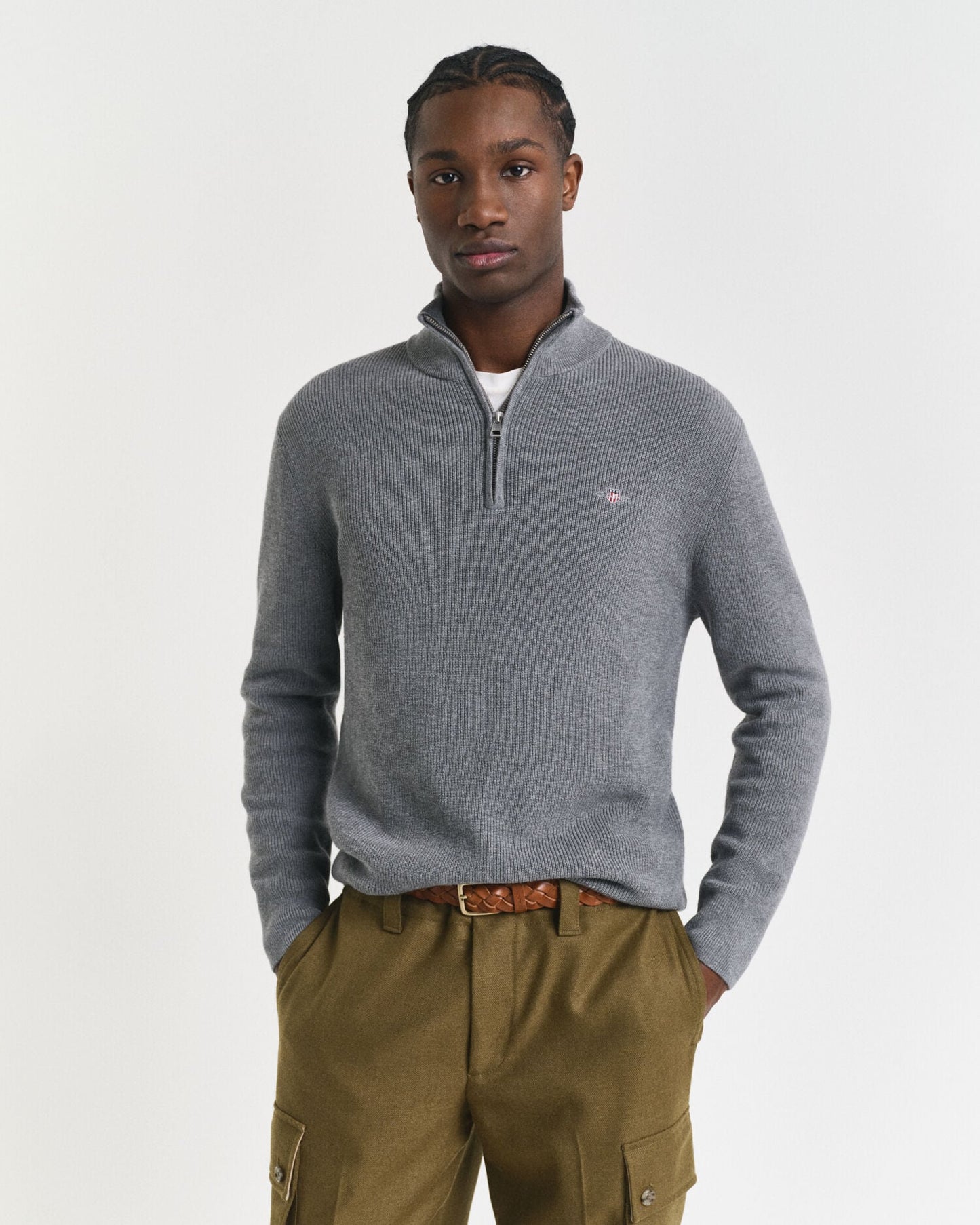 Pull demi-zippé en coton et laine mérinos côtelés